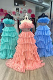 Glitter A-Line Beaded Long Tulle Tiered Prom Dress with Ruffles Rjerdress