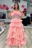 Glitter A-Line Beaded Long Tulle Tiered Prom Dress with Ruffles