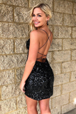 Glitter Black Sequins Backless Spaghetti Straps Bodycon Homecoming Dress Rjerdress