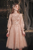 Glitter Long Sleeves A-line Homecoming Dresses Elegant Knee Length Short Prom Dress