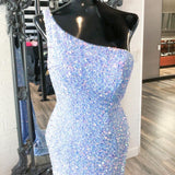 Glitter One Shoulder Purple Sequin Mermaid Long Prom Formal Dress With Slit Rjerdress