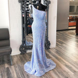 Glitter One Shoulder Purple Sequin Mermaid Long Prom Formal Dress With Slit Rjerdress