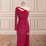 Glitter One Shoulder Sequins Long Sleeves Prom Dresses With Slit Rjerdress