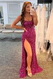 Glitter Sequins Mermaid Long Spaghetti Straps Prom Dresses RJS354