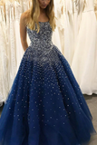 Glittery A Line Blue Tulle Strapless Long Prom Dresses UK Bling Bling Quinceanera Dresses