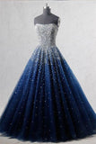 Glittery A Line Blue Tulle Strapless Long Prom Dresses UK Bling Bling Quinceanera Dresses Rjerdress