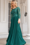 Glittery A Line Green Scoop Neck Long Sleeves Floor Length Mother Of The Bride Dresses With Beaded