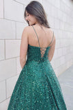 Glittery A Line Spaghetti Straps Backless Sequins Prom Dresses Rjerdress