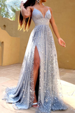 Glittery Sequin A-Line V Neck Spaghetti Straps Floor Length Prom Dresses With Split, Sleeveless Evening Dress