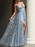 Glittery Sequin A-Line V Neck Spaghetti Straps Floor Length Prom Dresses With Split, Sleeveless Evening Dress Rjerdress