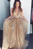 Gold Deep V-neck Prom Dresses Tulle Formal Dresses Long Cheap Evening Dresses P1117