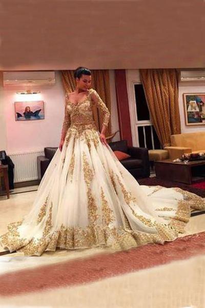 Gold Lace Long Sleeves V-Neck Beading Chapel Train Ball Gown Wedding Dresses F292 Rjerdress