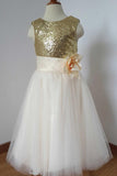 Gold Sequin Cream Tulle Ivory Scoop Flower Girl Dress with Flower Dress for Wedding Party Rjerdress