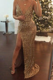 Gold Sequin Deep V-Neck Open-back Spaghetti Strap Side Slit Prom Dresses rjs373