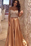 Gold satins sequins off-shoulder A-line dance senior prom gown graduation dresses