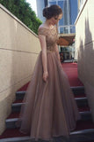 Gorgeous A-Line Backless Cap Sleeves Scoop Tulle Brown Long Prom Dresses UK RJS424