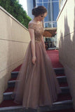 Gorgeous A-Line Backless Cap Sleeves Scoop Tulle Brown Long Prom Dresses UK RJS424 Rjerdress