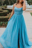 Gorgeous A-line Chiffon Floor-Length Appliques Slit Prom Dresses