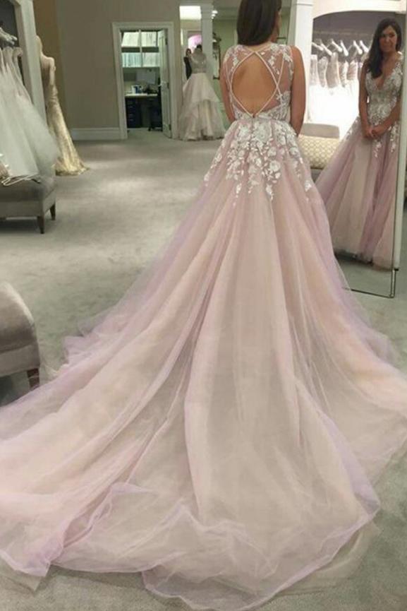 Gorgeous A-line Tulle Long Bride Gowns Deep V-Neck Wedding Dresses Rjerdress