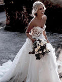 Gorgeous Ball Gown Sweetheart White Tulle Strapless Lace Wedding Dresses With Appliques Rjerdress