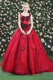 Gorgeous Ball Gowns Red Flowers Scoop Sleeveless Tulle Lace up Beads Prom Dresses RJS299 Rjerdress
