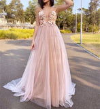 Gorgeous Flower Pink Chiffon Long V-Neck Spaghetti Straps Evening Prom Dresses RJS62