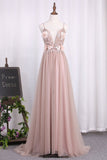 Gorgeous Flower Pink Chiffon Long V-Neck Spaghetti Straps Evening Prom Dresses RJS62 Rjerdress