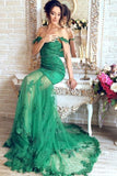 Gorgeous Green Mermaid V-Neck Lace Applique Sequins Beaded Tulle Prom Dresses RJS131