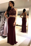 Gorgeous Halter Two Piece Beads Chiffon Backless Prom Dresses