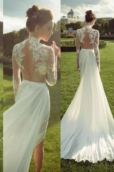 Shop high neck lace ivory a-line wedding dress with long sleeves from  Hocogirl.com