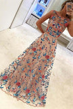Gorgeous Long A-Line Scoop Neckline Embroidered Prom Dresses Evening Dresses Rjerdress