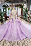 Gorgeous Long Sleeve Ball Gown Appliques Beads Lilac Quinceanera Dresses with Lace up P1135 Rjerdress