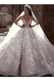 Gorgeous Long Sleeves Flowers Ball Gown Wedding Dress With Sequin Beaded Rjerdress