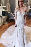 Gorgeous Mermaid Off-the-Shoulder Chapel Train Ivory Tulle Wedding Dress Appliques
