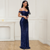 Gorgeous Mermaid Off-the-Shoulder Lace Navy Blue Sequins Sweetheart Prom Dresses RJS600 Rjerdress