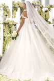 Gorgeous Off Shoulder Sweep Train Lace Up Back Tulle Wedding Dress With Appliques Rjerdress