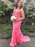 Gorgeous Pink Lace Long Sweetheart Sleeveless Mermaid Appliques Prom Dresses