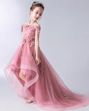 Gorgeous Pink Off the Shoulder With Lace Appliques High Low Tulle Flower Girl Dresses FG1007 Rjerdress