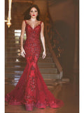 Gorgeous Red Mermaid V-neck Backless Prom Dresses with Beading Appliques For Spring Teens RJS130