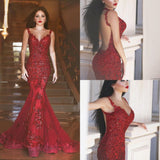 Gorgeous Red Mermaid V-neck Backless Prom Dresses with Beading Appliques For Spring Teens RJS130 Rjerdress