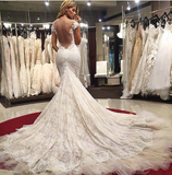 Gorgeous Scoop Illusion Back Cap Sleeves Court Train Lace Sexy Mermaid Wedding Dresses Rjerdress