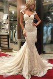 Gorgeous Scoop Illusion Back Cap Sleeves Court Train Lace Sexy Mermaid Wedding Dresses Rjerdress