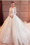 Gorgeous Scoop Lace Appliques Flowers White Organza Long Sleeve Wedding Dresses RJS177