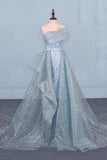 Gorgeous Strapless Puffy Prom Dress, Glitter Sheath Evening Dress With Detachable Train Rjerdress