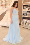 Gorgeous Straps Light Sky Blue Chiffon V-Neck Backless Sleeveless A Line Long Prom Dress RJS485