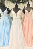 Gorgeous Straps Light Sky Blue Chiffon V-Neck Backless Sleeveless A Line Long Prom Dress RJS485 Rjerdress