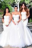 Gorgeous White Tulle Strapless Mermaid Long Cheap Simple Long Bridesmaid Dresses RJS574