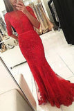 Graceful Red Beaded Lace Long Half Sleeve Backless Floor Length Mermaid prom Dresses RJS703