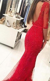 Graceful Red Beaded Lace Long Half Sleeve Backless Floor Length Mermaid prom Dresses RJS703 Rjerdress