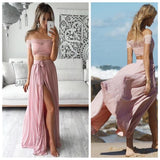 Graceful Two Pieces Prom Dresses A Line Chiffon Boat Neck With Lace Bodice Zipper Up Rjerdress